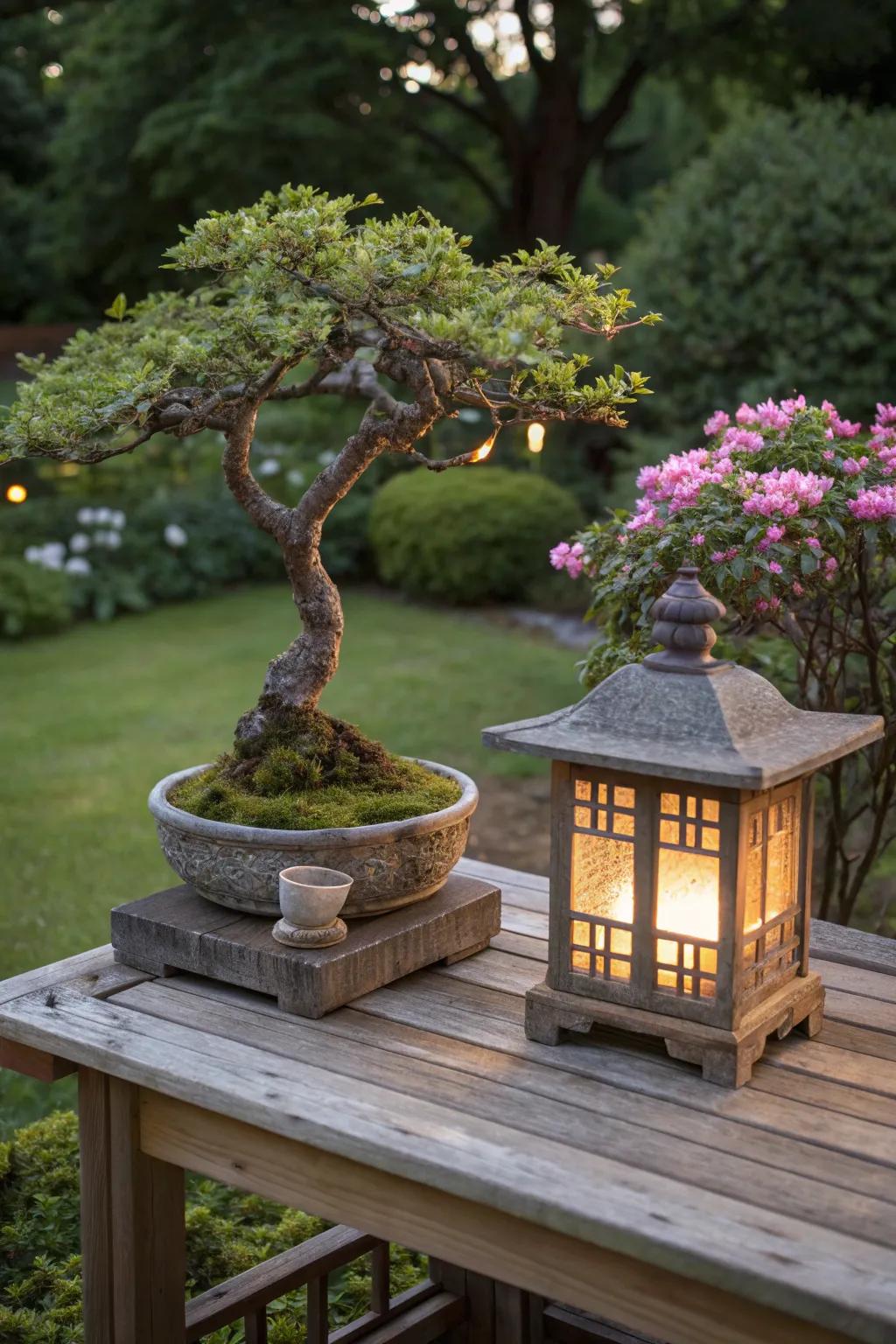 A bonsai tree and pagoda lantern create a harmonious Japanese garden vibe.