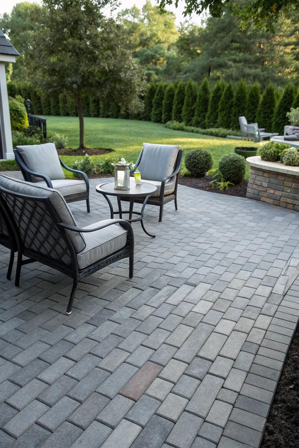 Shades of gray on a brick patio offer a sleek and modern aesthetic.