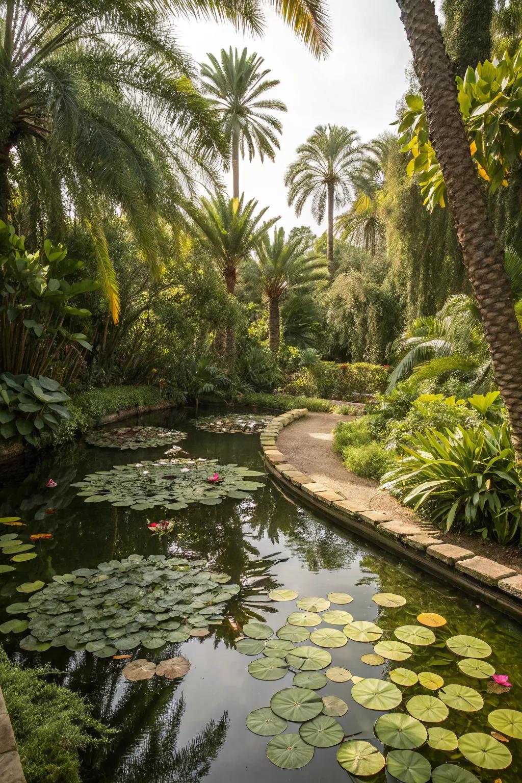 A serene water feature nestled among palm trees.