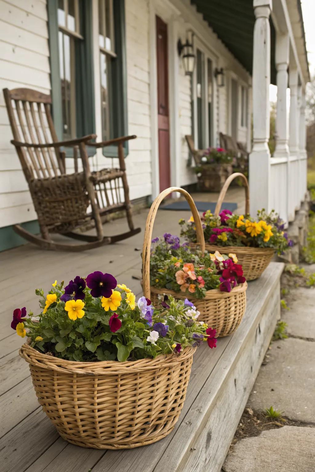 Woven baskets add rustic charm to pansies.
