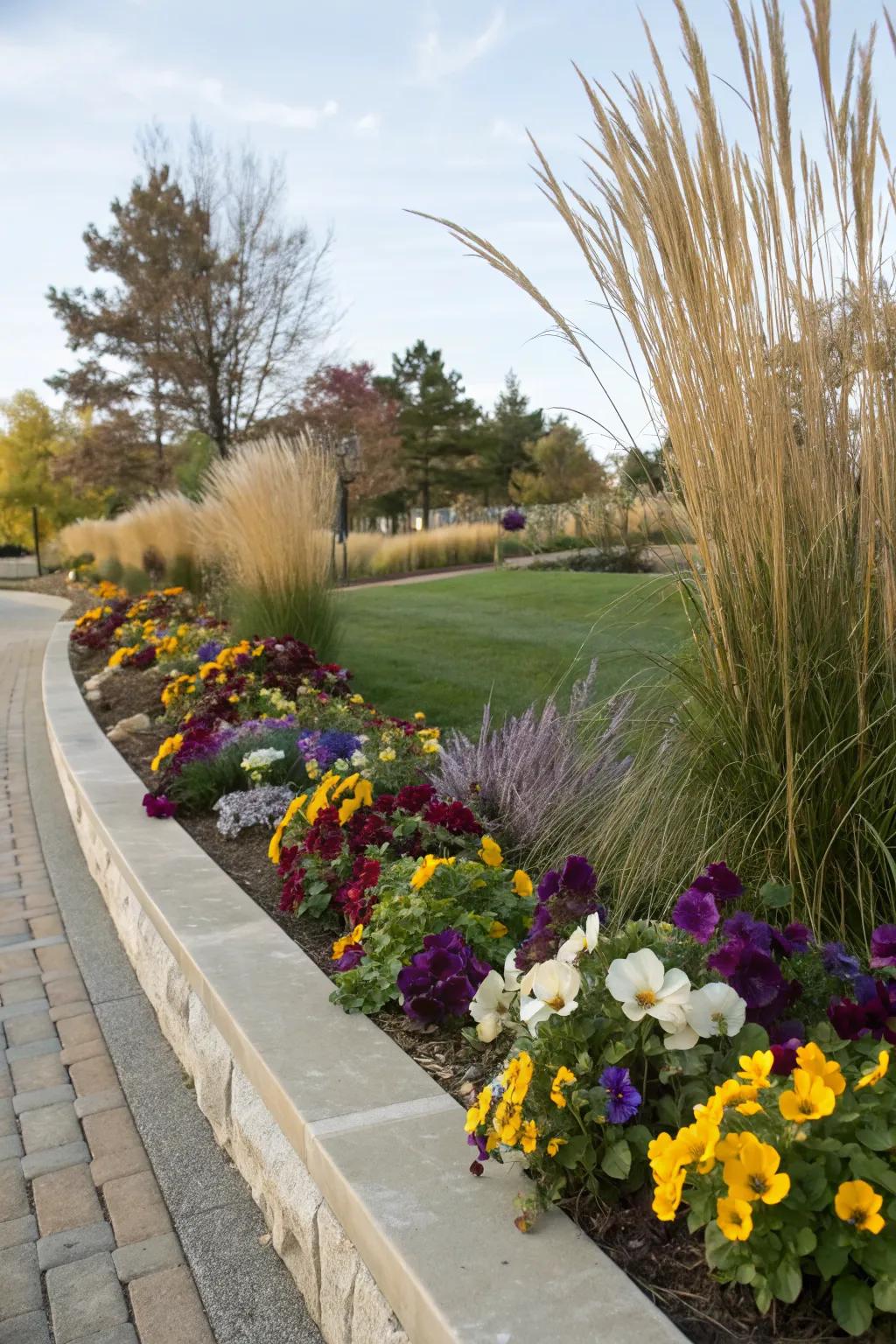 Layered pansy beds with ornamental grasses for added dimension.