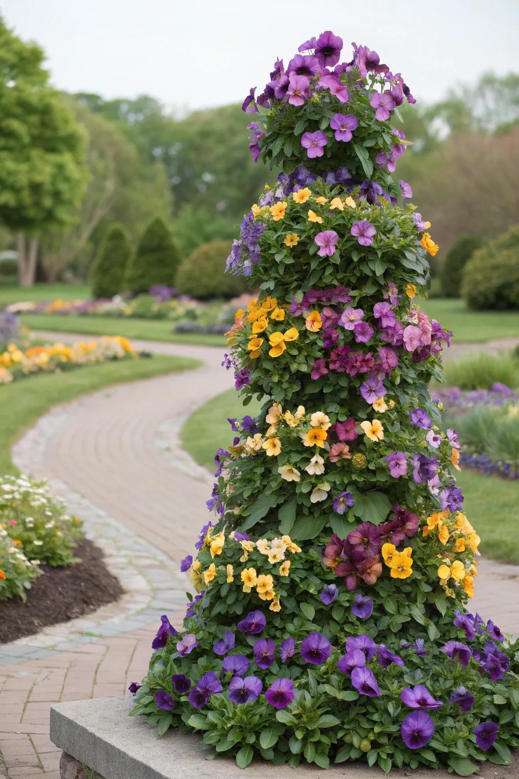 A striking vertical display of pansies forming a colorful tower.