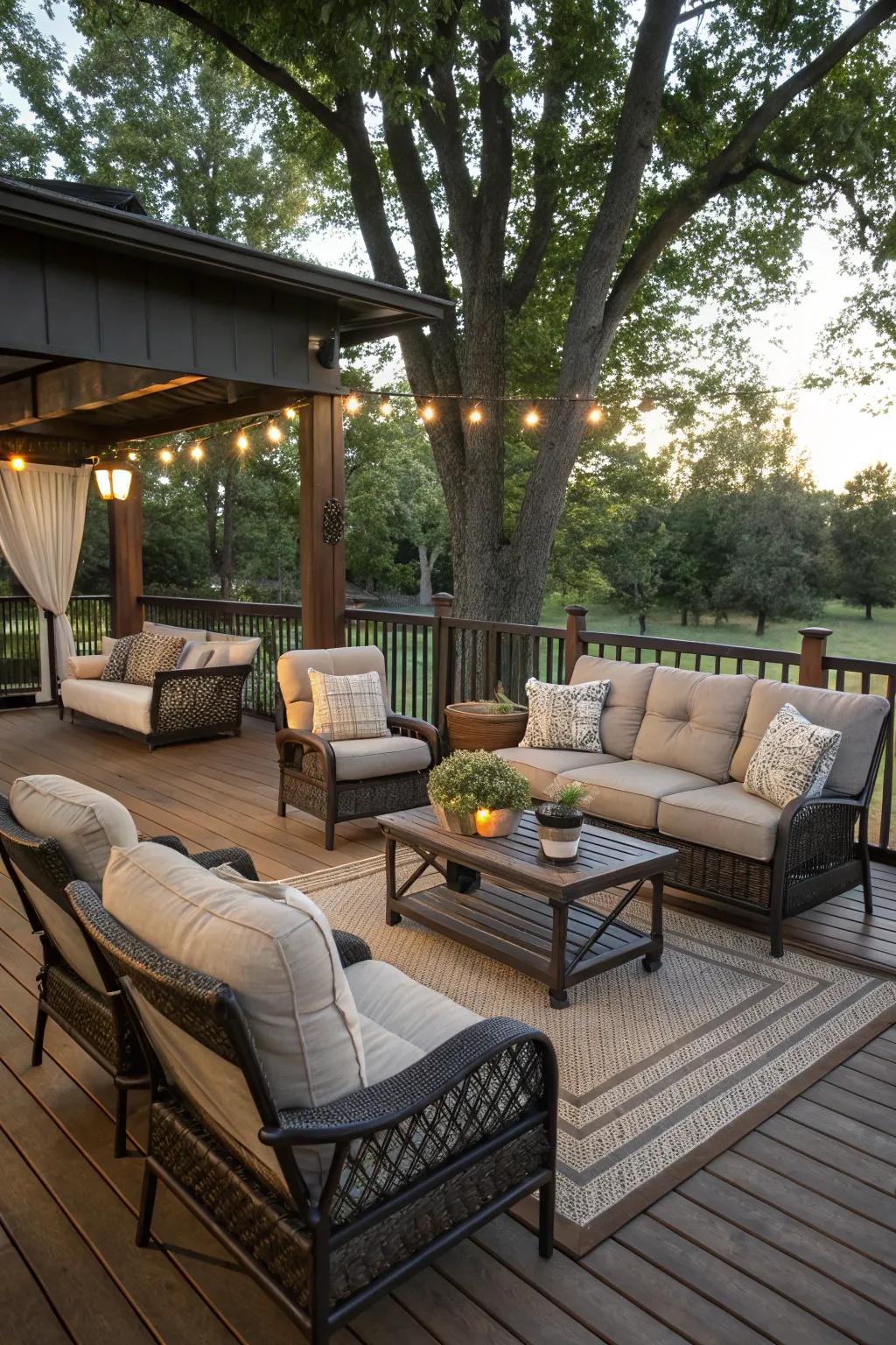 An inviting outdoor living room on a park model deck.