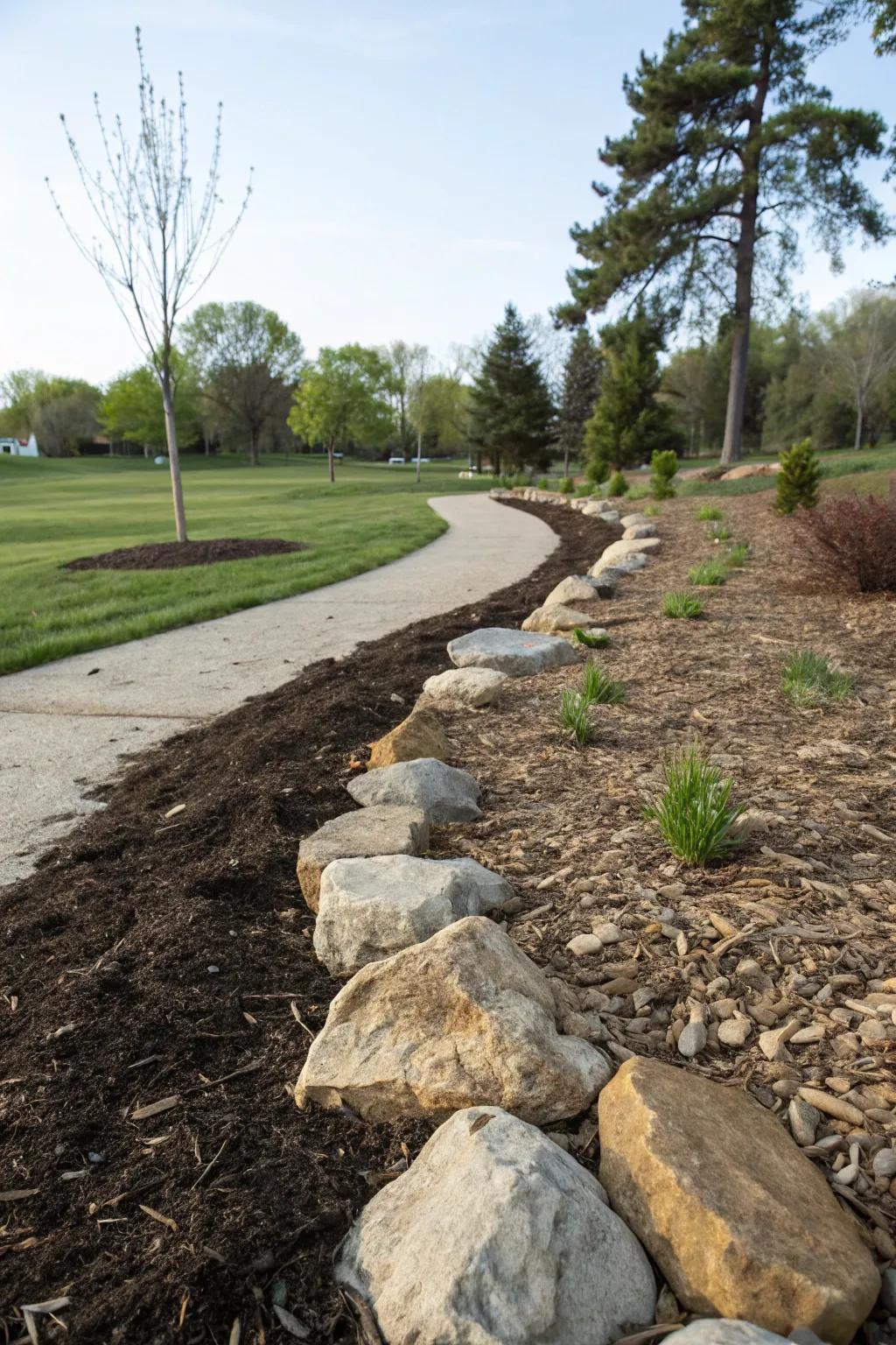 Using mulch with rocks adds texture and contrast.