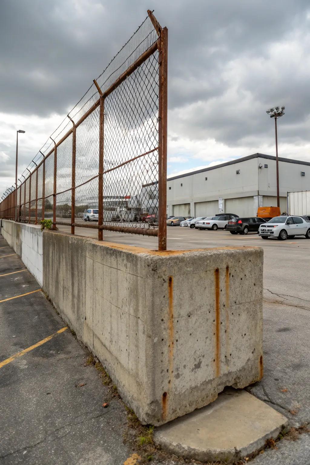 Concrete barriers add strength and security to parking fences.