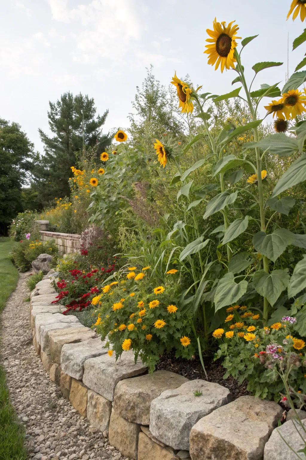 Natural stone accents that complement the garden's beauty.