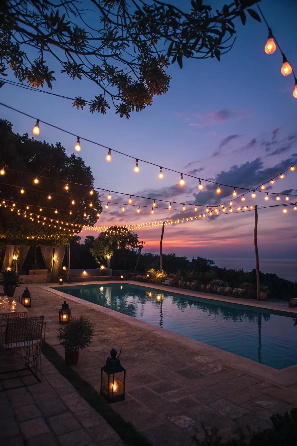 String lights and lanterns add a warm glow to the evening atmosphere.