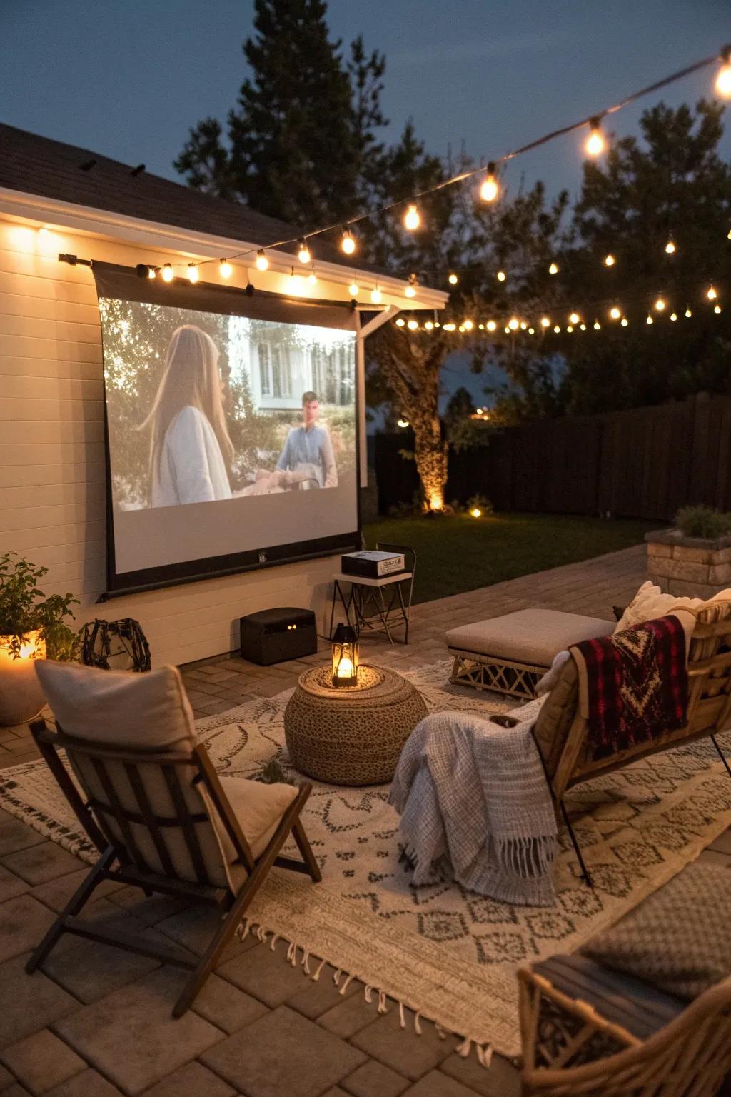 An outdoor movie night setup on the patio, perfect for family and friends.