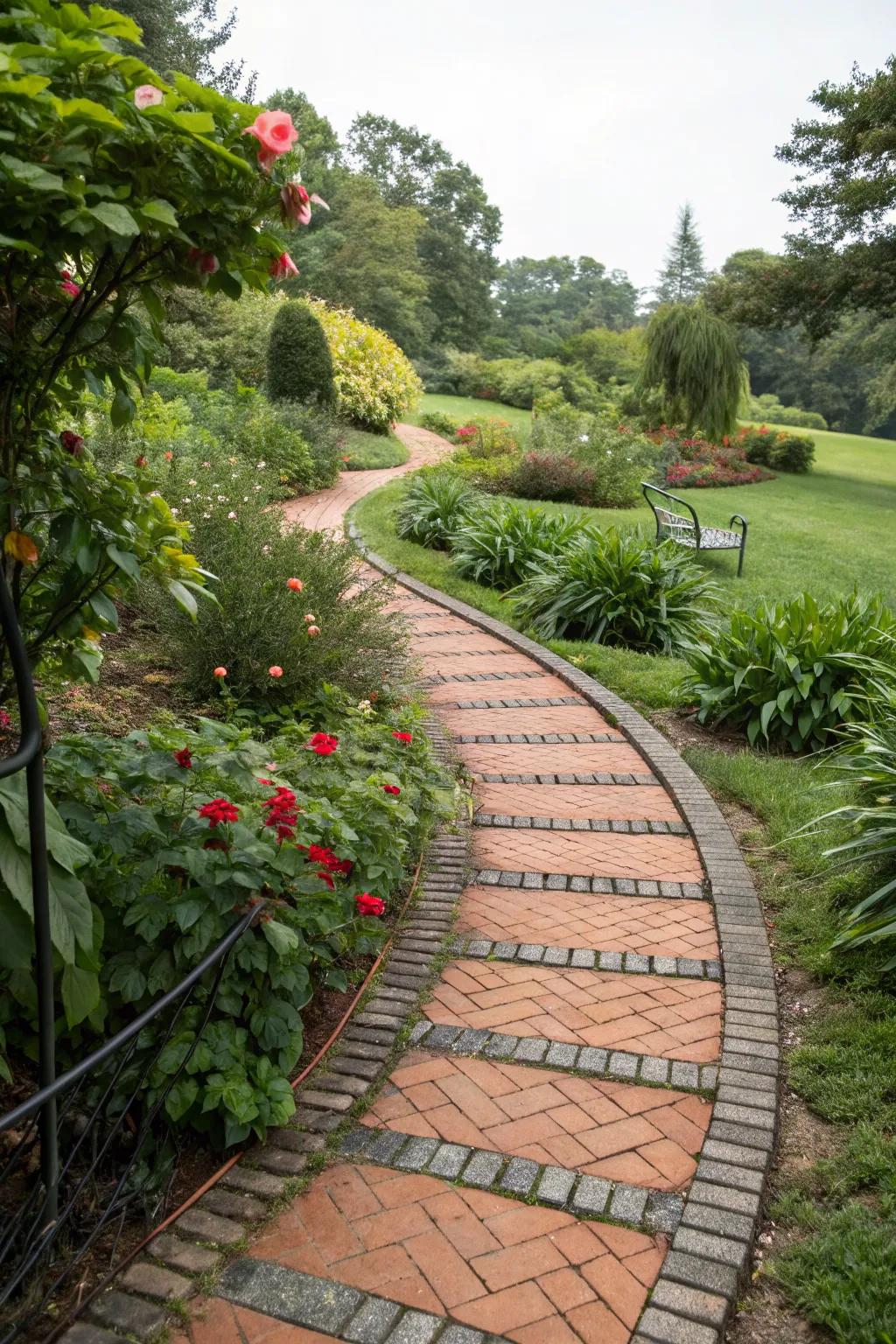 Brick and metal edging offers a stunning mix of textures.