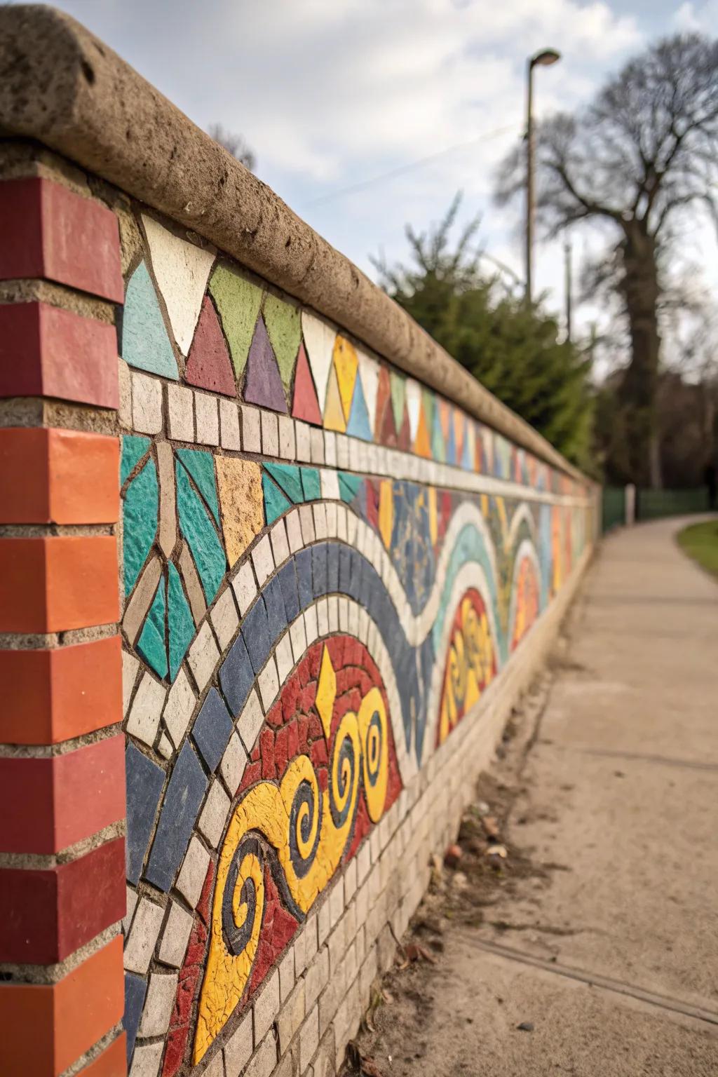 Vibrant mosaic on a block wall adding artistic flair to the patio.