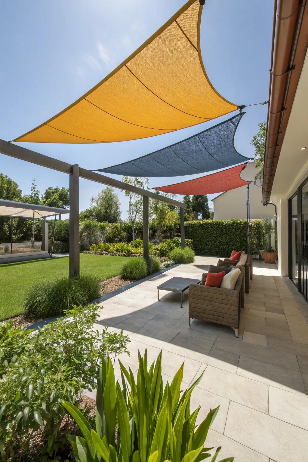 A patio with stylish geometric shade sails.