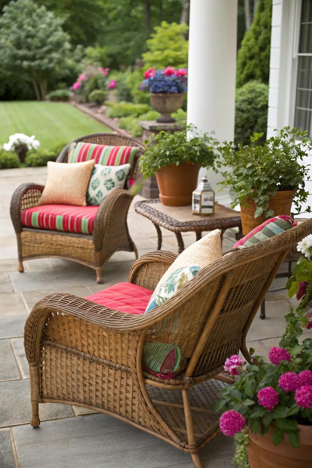 Timeless wicker chairs enhanced by vibrant cushions in a cozy patio setting.
