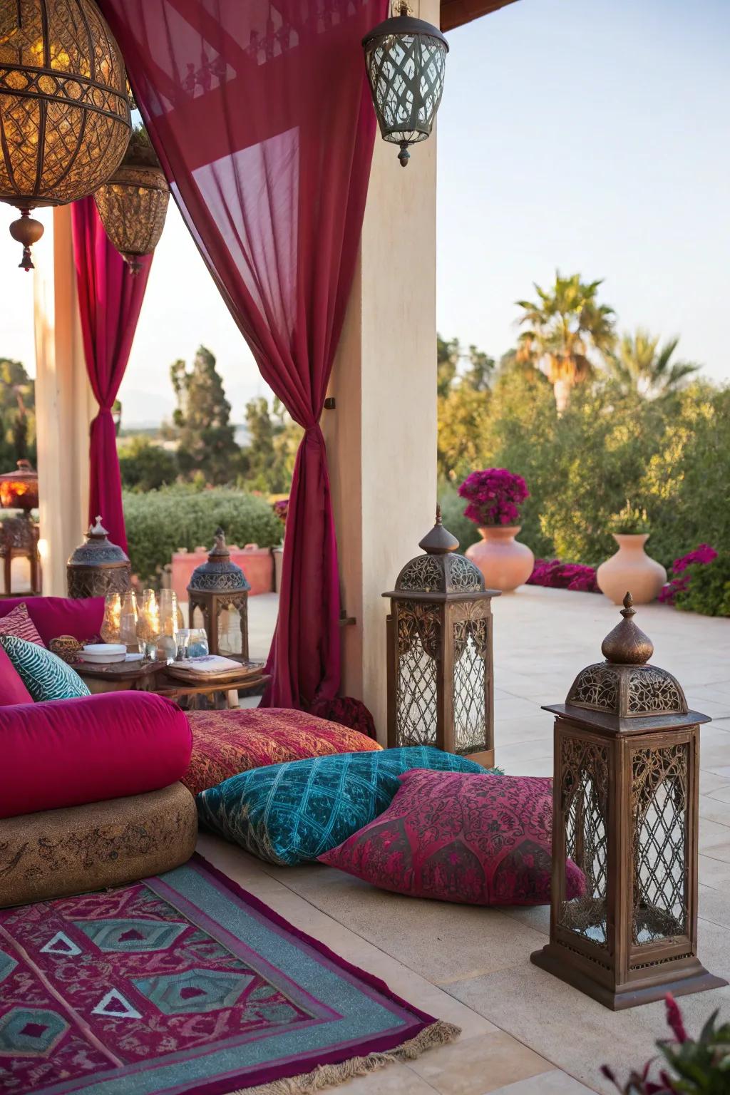A patio adorned with jewel-toned decor, exuding a rich and luxurious feel.