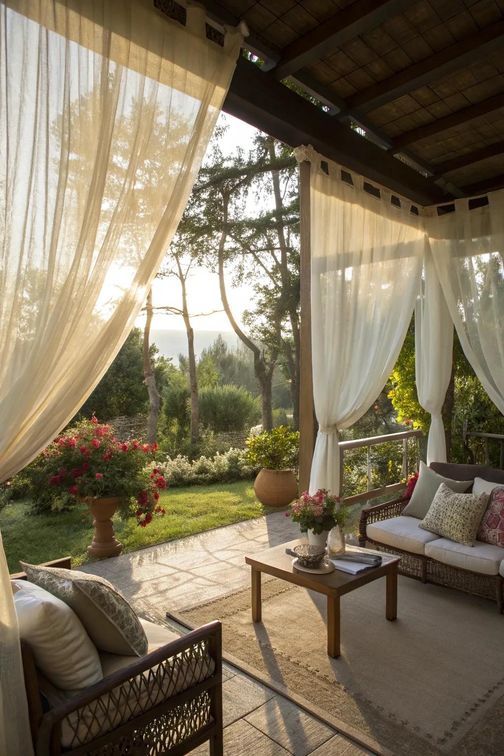 Sheer curtains provide privacy while maintaining a light and airy feel.