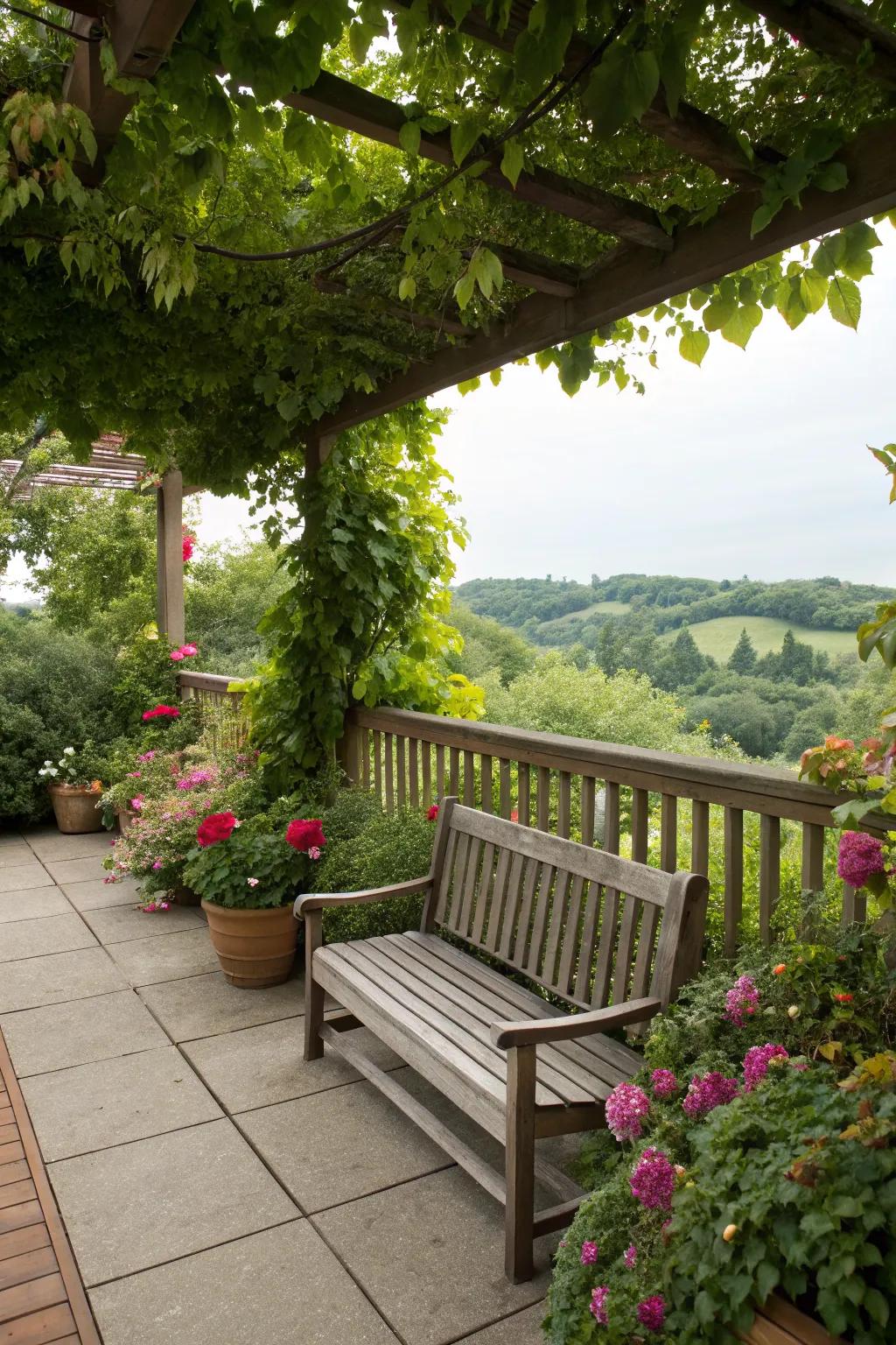 Wooden benches provide a natural, rustic charm to any patio deck.