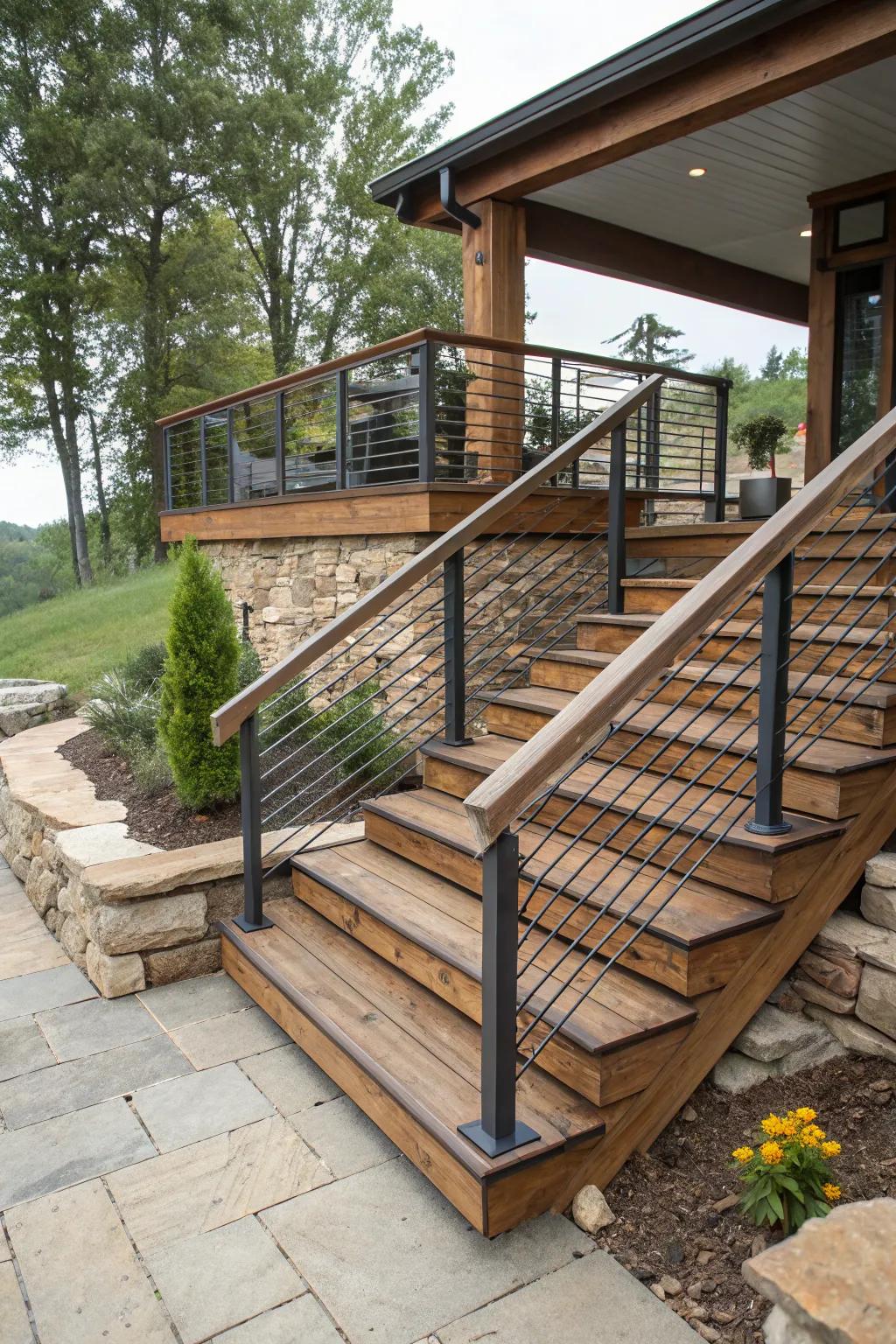 Mixed-material railings offer both safety and style.