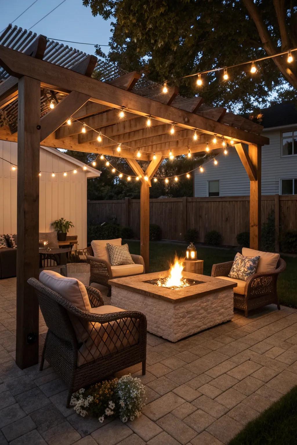 A fire pit under a pergola offers a cozy, shaded retreat.