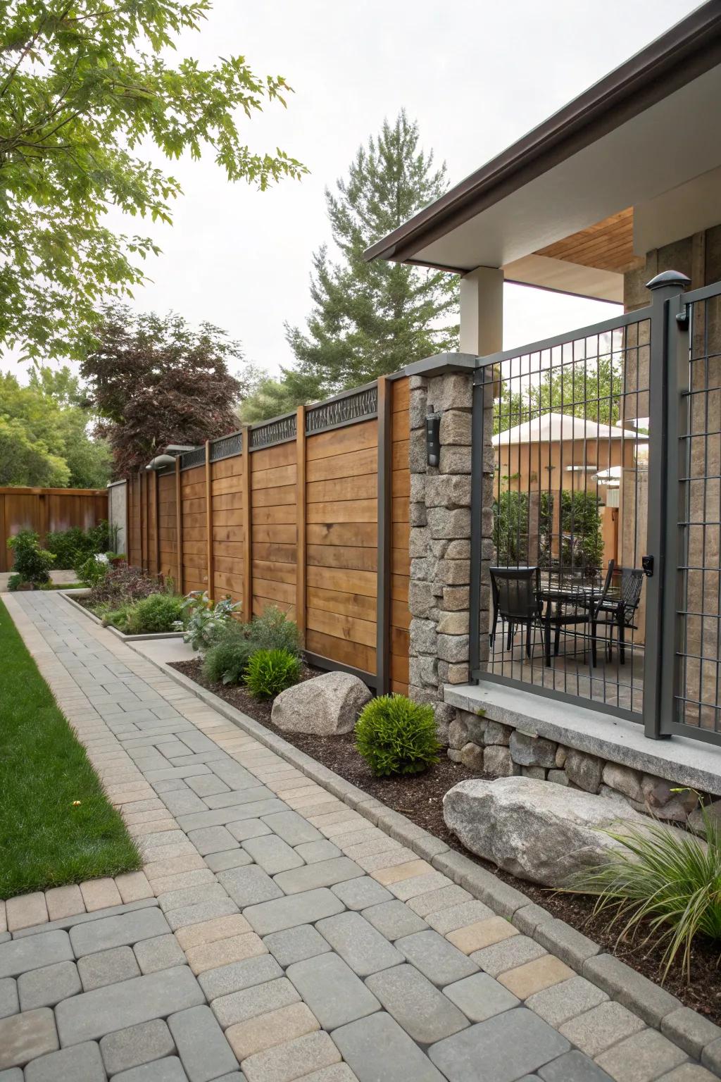 A mixed-material fence offers a unique and robust design.
