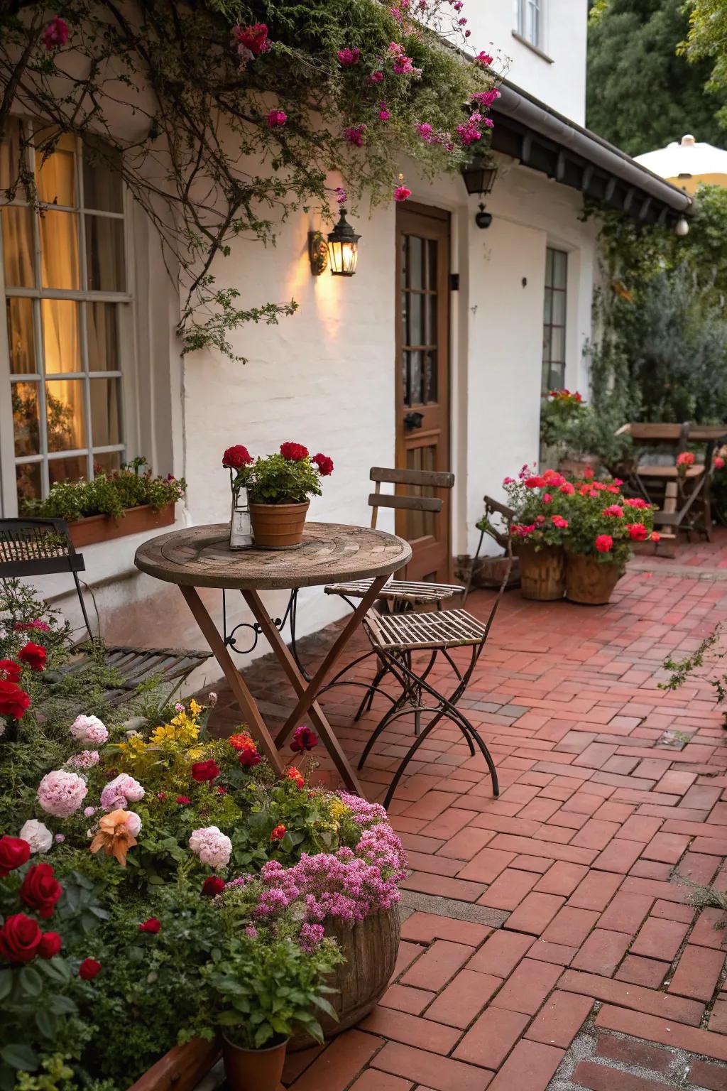 Brick patios add charm and warmth to outdoor spaces.