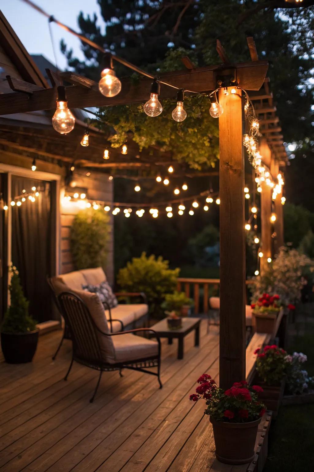 Enchanting string lights casting a warm glow over a patio setting.