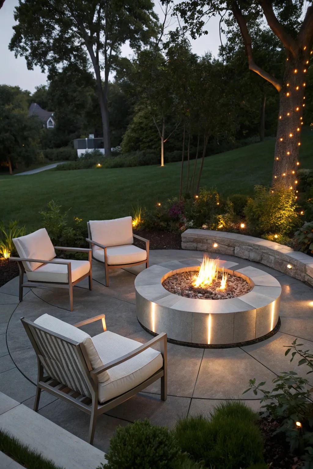 A sleek modern fire pit with minimalist seating for a contemporary look.