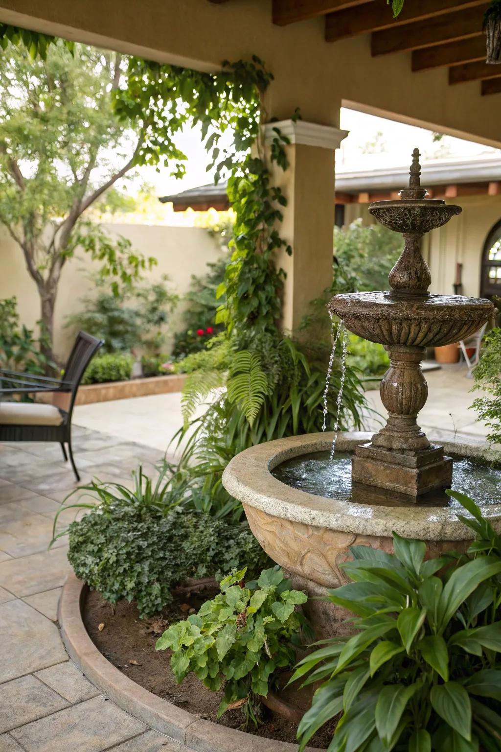 Create a calming oasis with a soothing water feature on your patio.