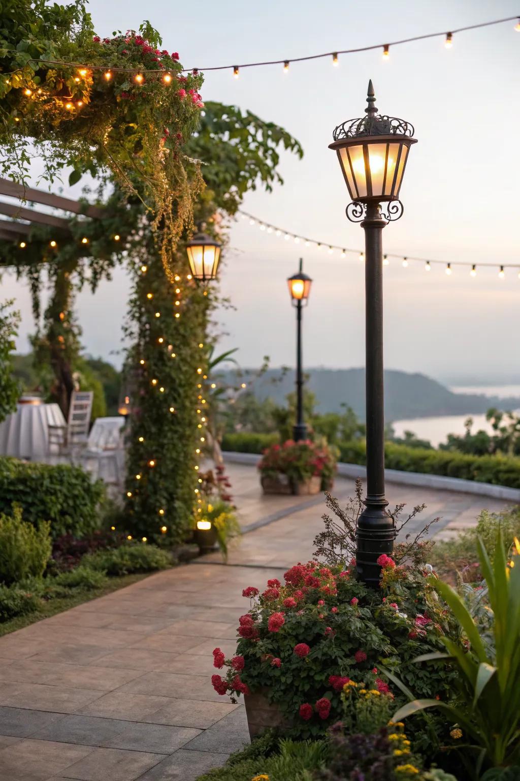 Blend garden decor with light poles for a natural touch.