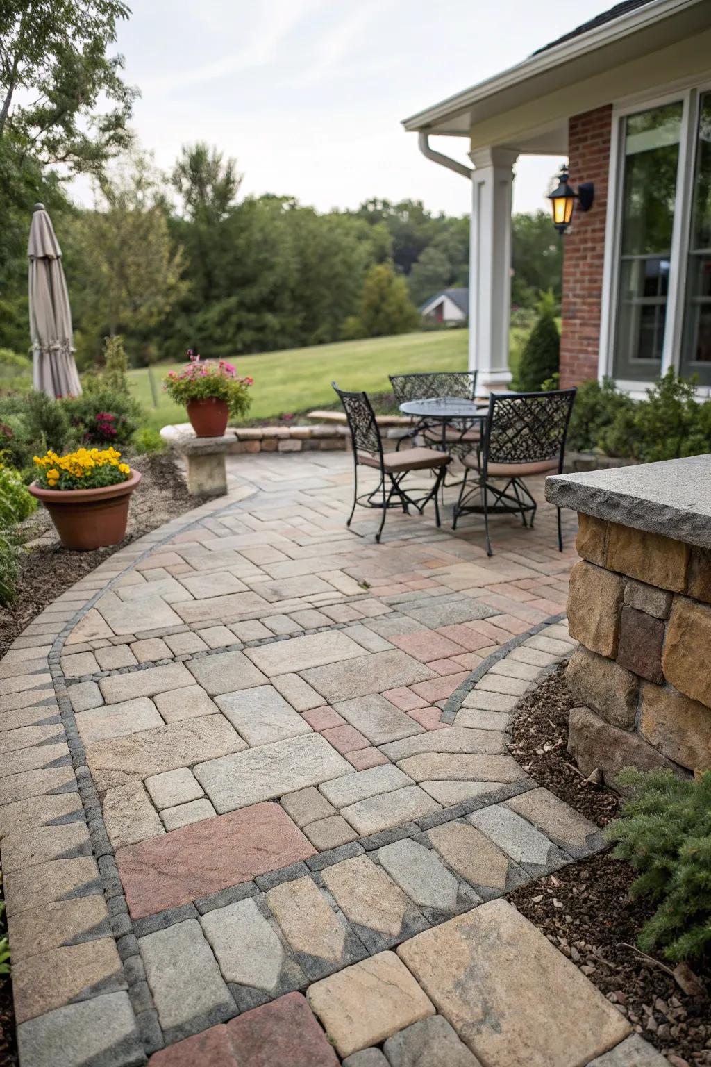 A blend of stone and brick creates a durable, stylish patio surface.