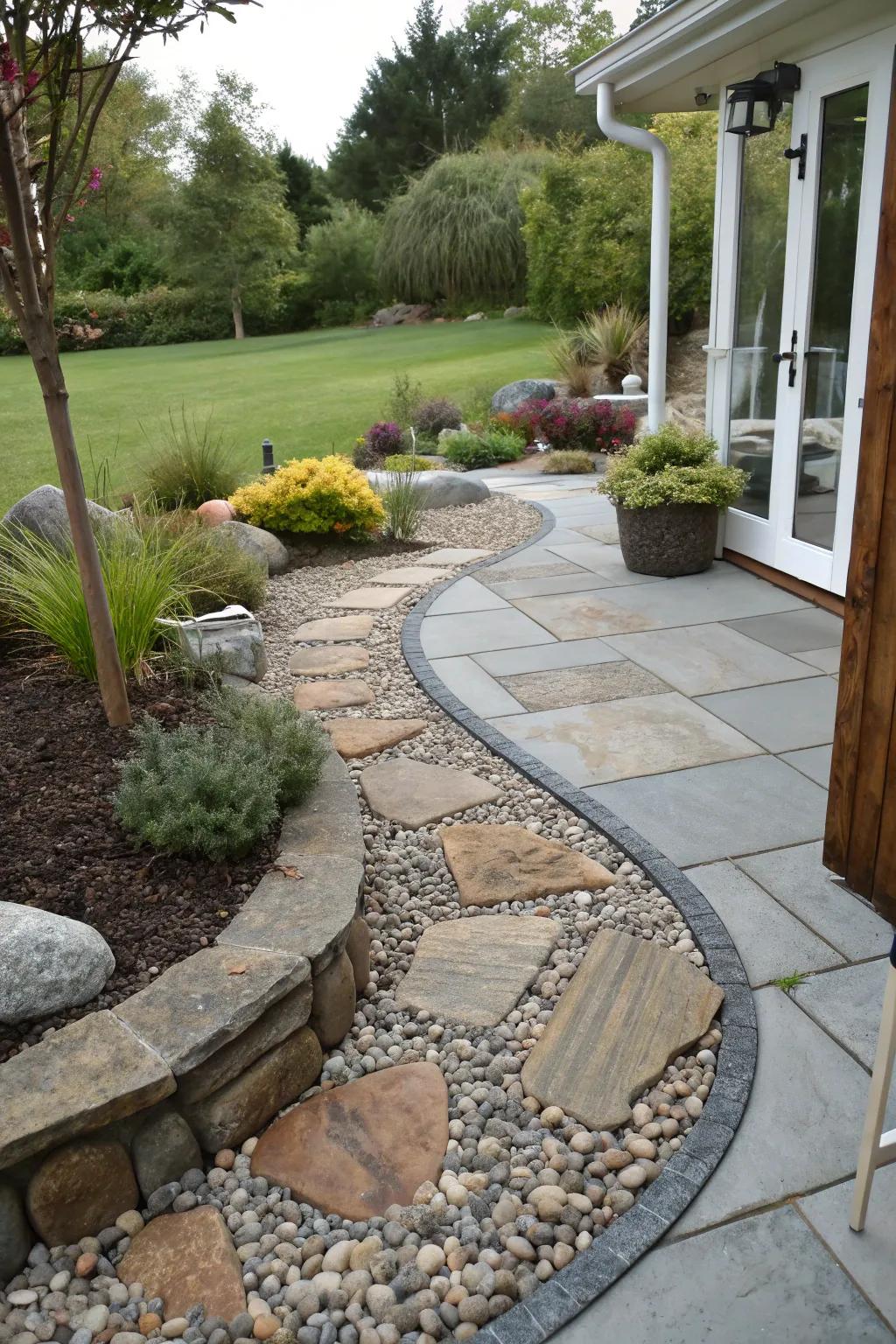 Stone and gravel add a rustic charm while improving drainage.