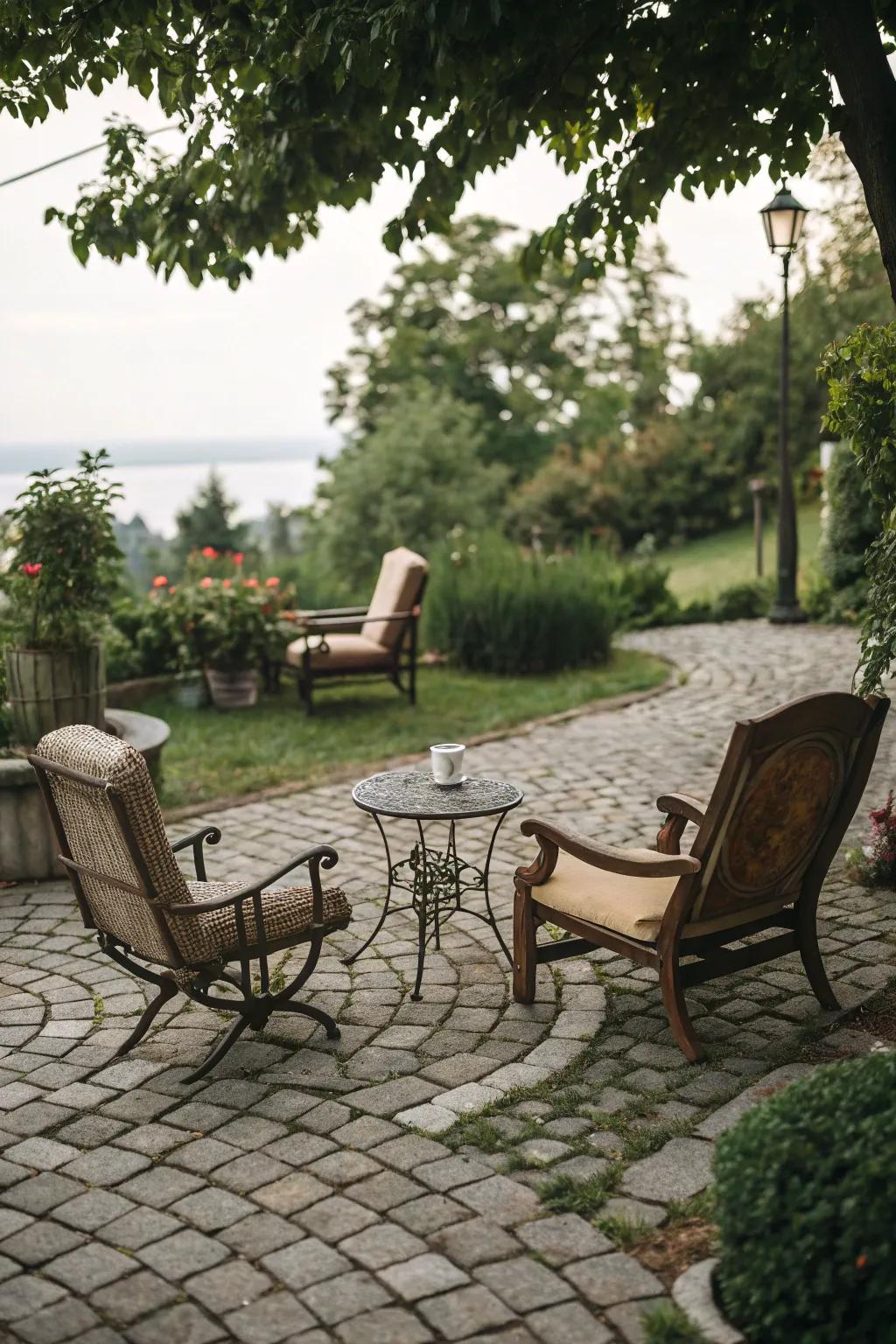 Rustic cobblestone pattern adding European charm to a patio.
