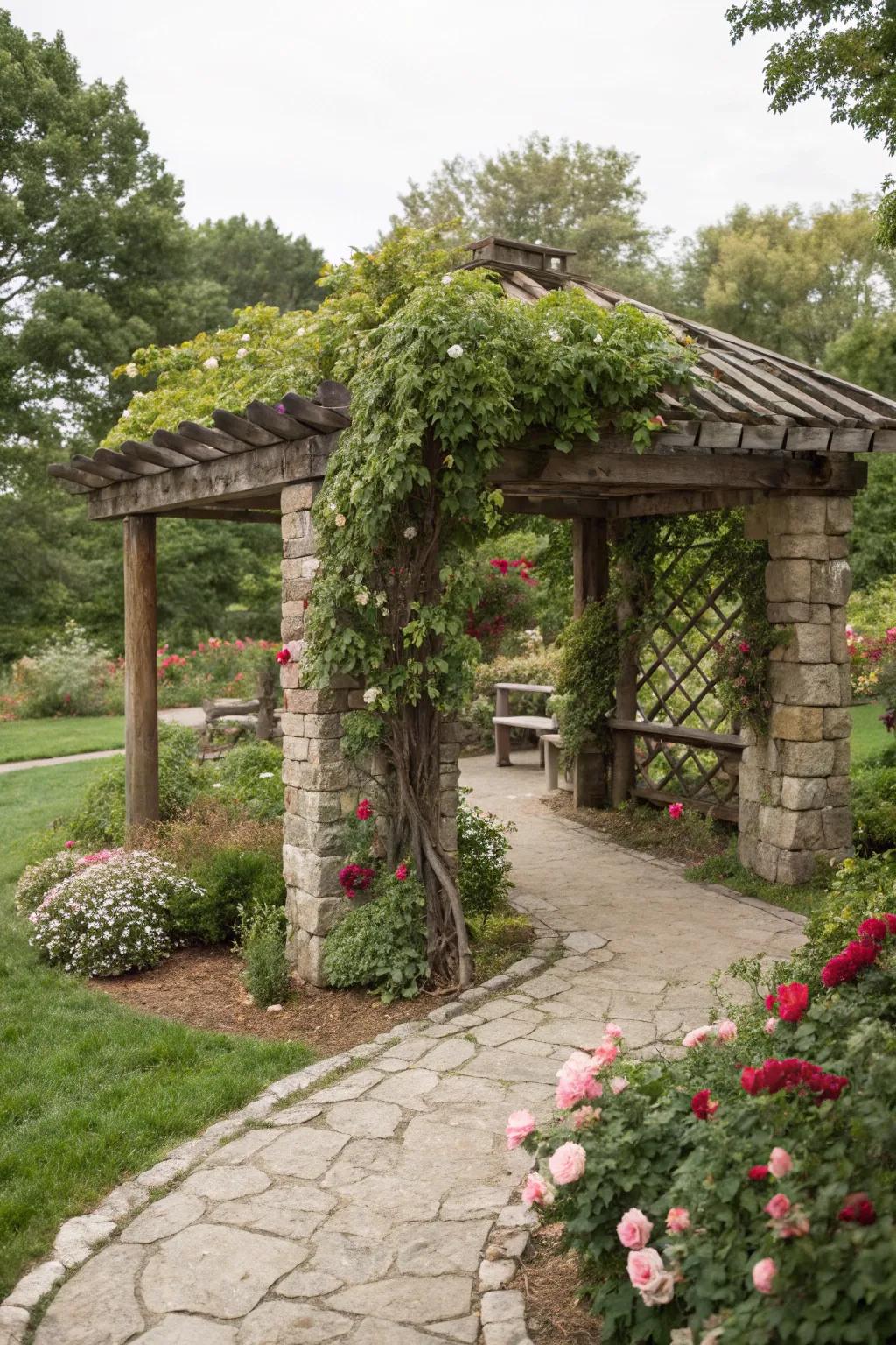 Rustic stone and wood create a warm, charming pergola.