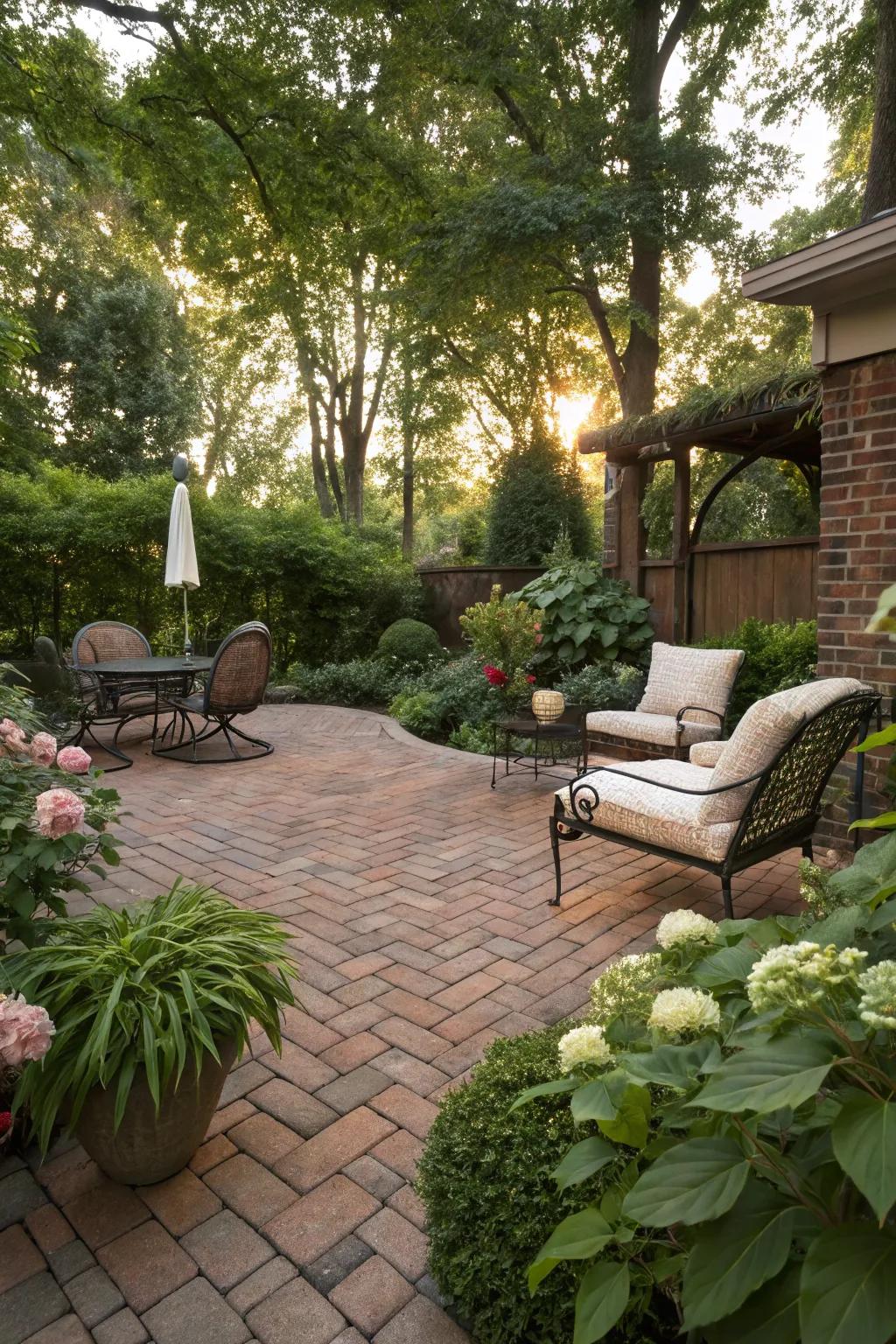 A charming patio with a brick overlay, perfect for a cozy outdoor atmosphere.