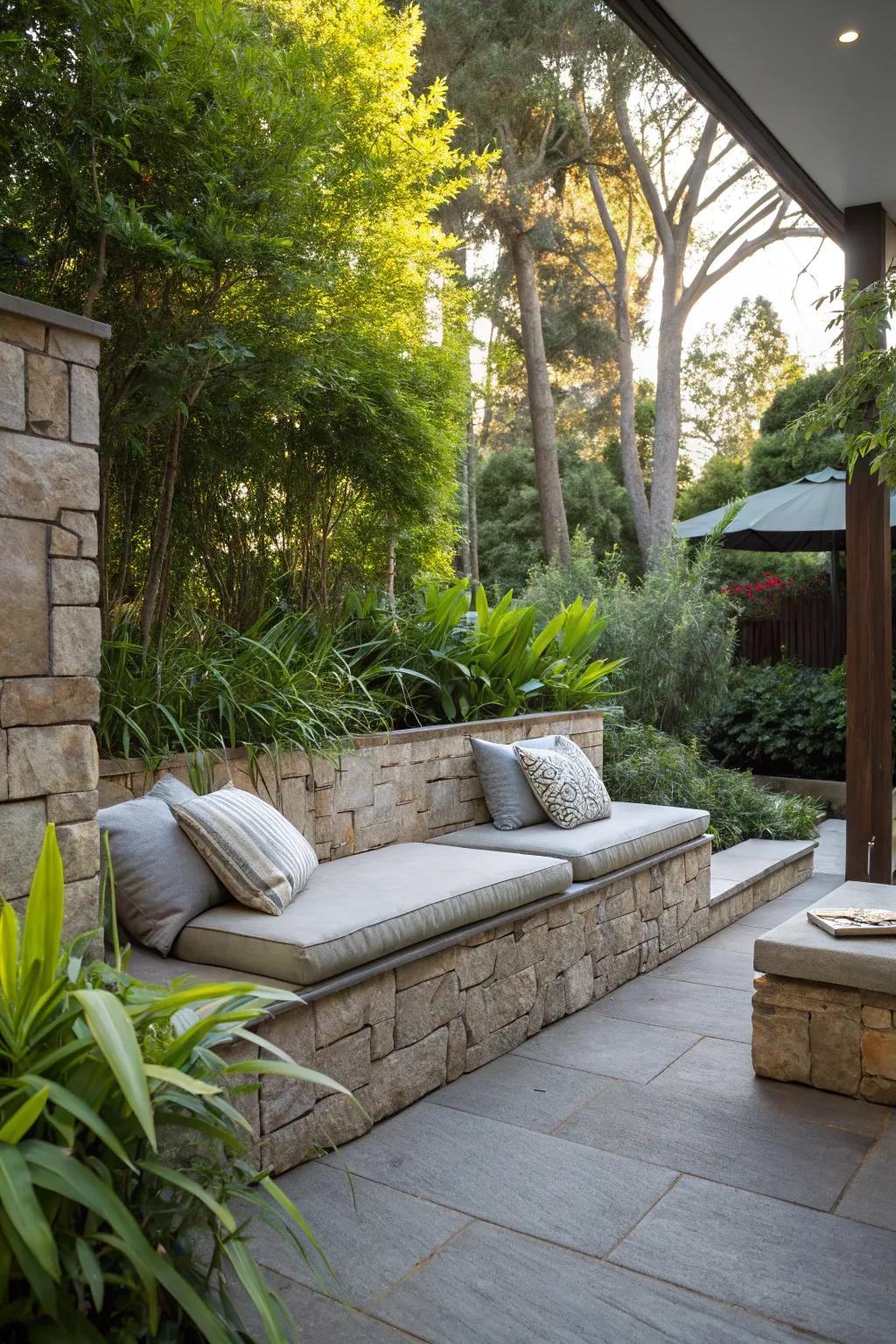 Built-in seating adds functionality and style to any patio.