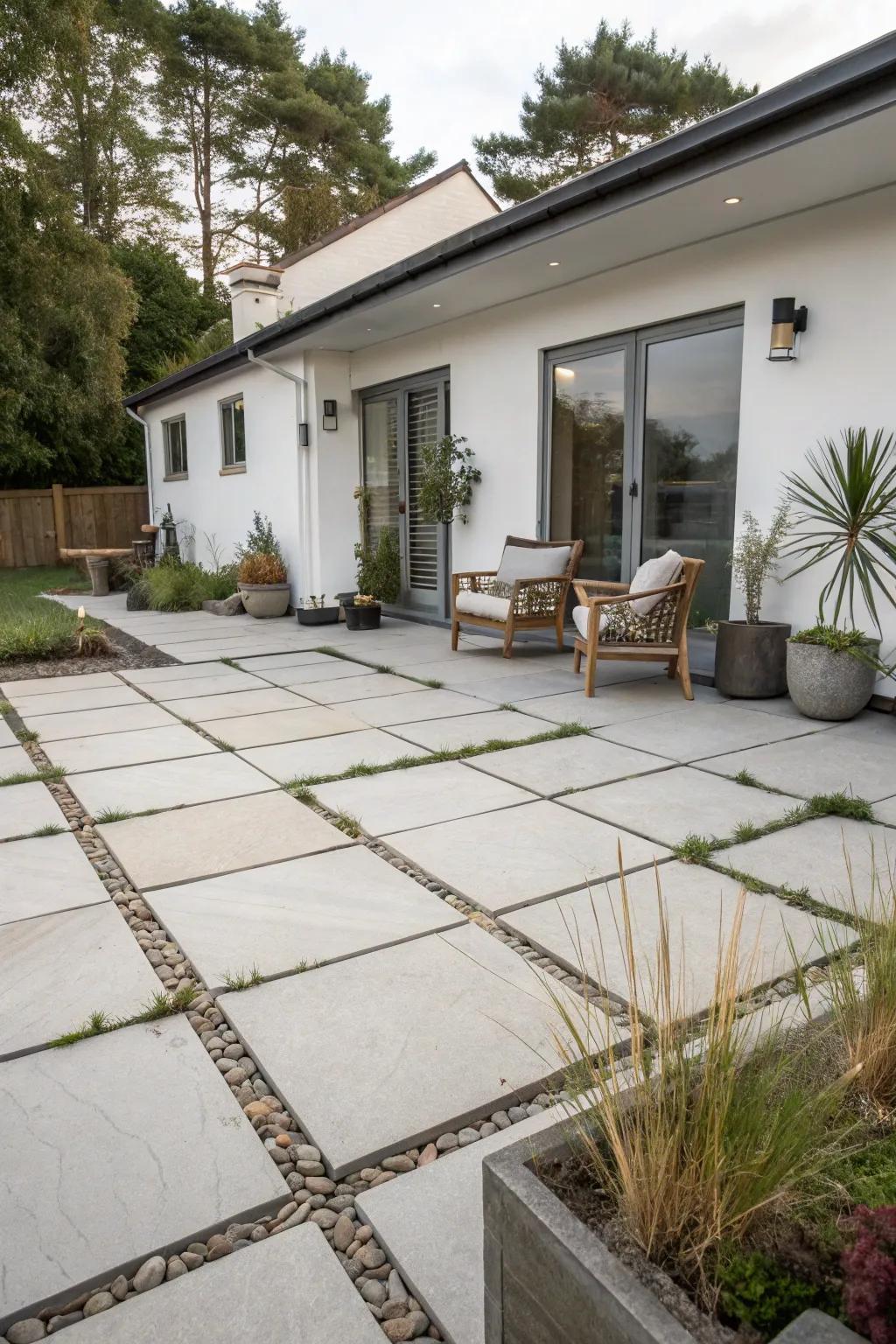 Oversized slabs create a spacious and modern patio setting.