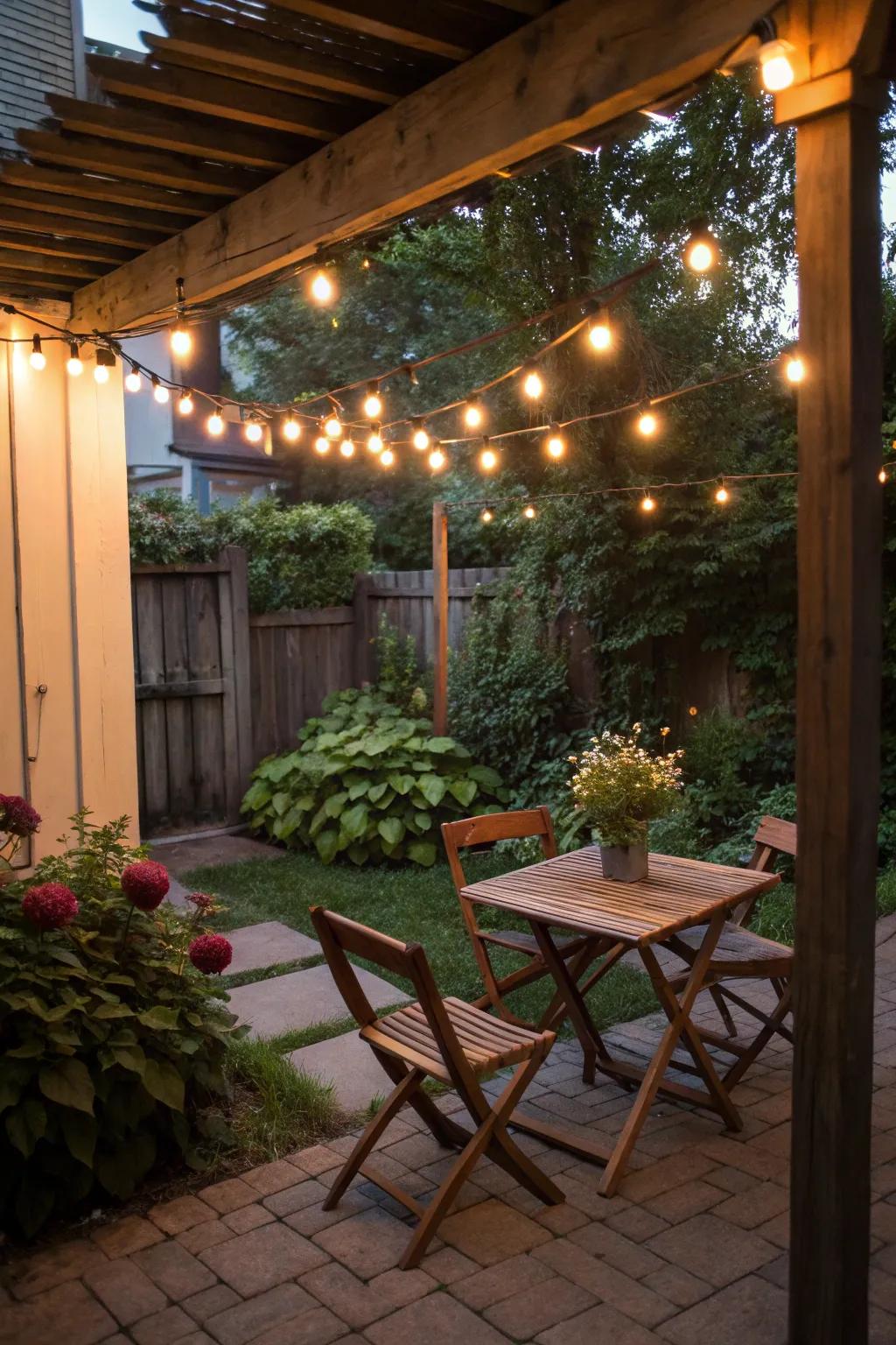 String lights adding a magical touch to a small patio.