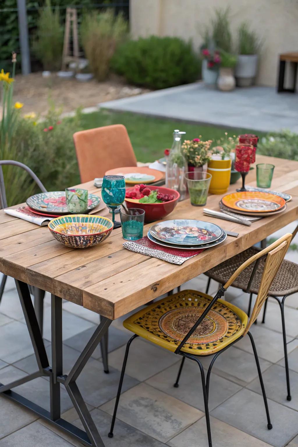 Mixed materials create a modern and stylish patio setup.