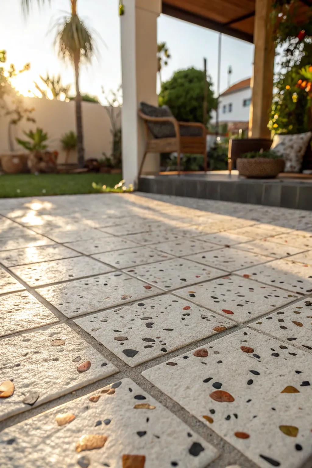 Terrazzo-look tiles infuse patios with timeless vintage charm.