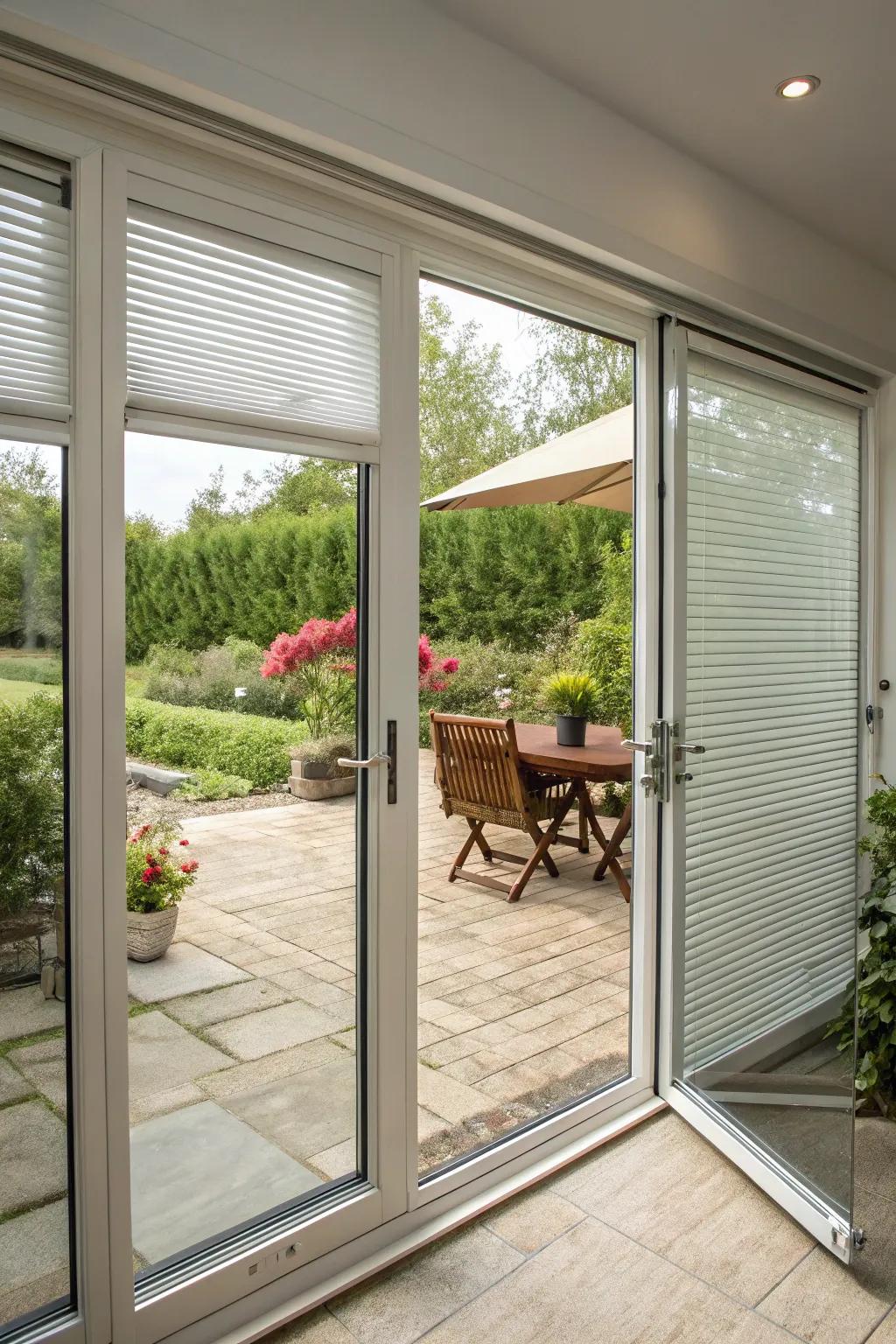 Practical sliding doors with built-in blinds for privacy.