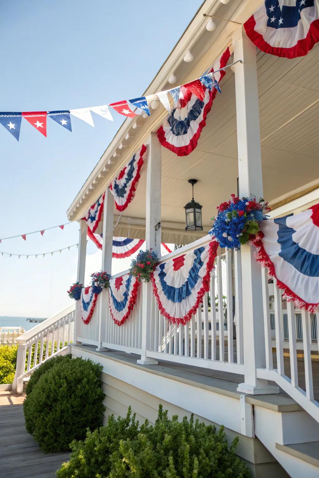 Bunting and garlands bring festive movement and color to the porch.