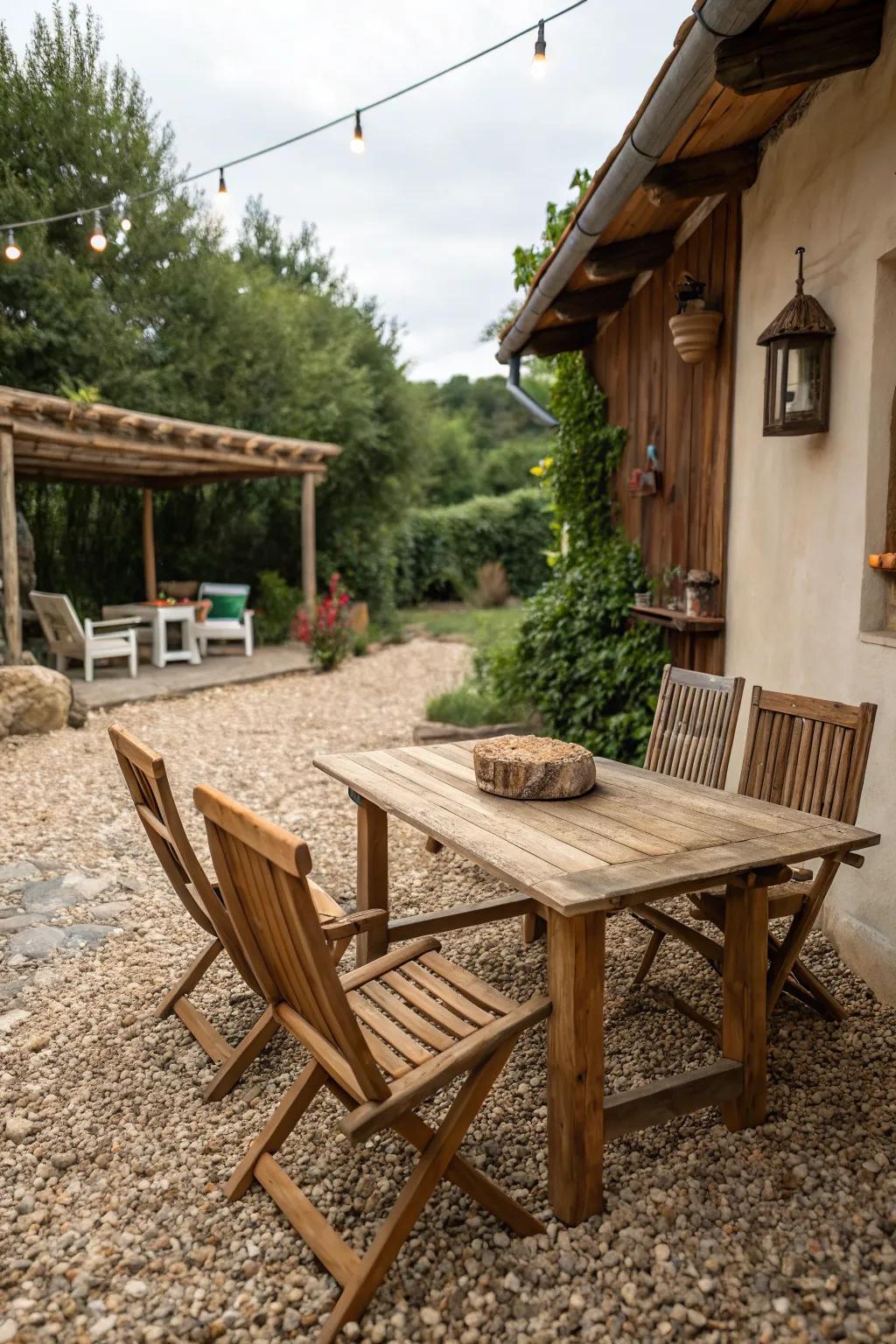 A rustic gravel patio exuding farmhouse charm.