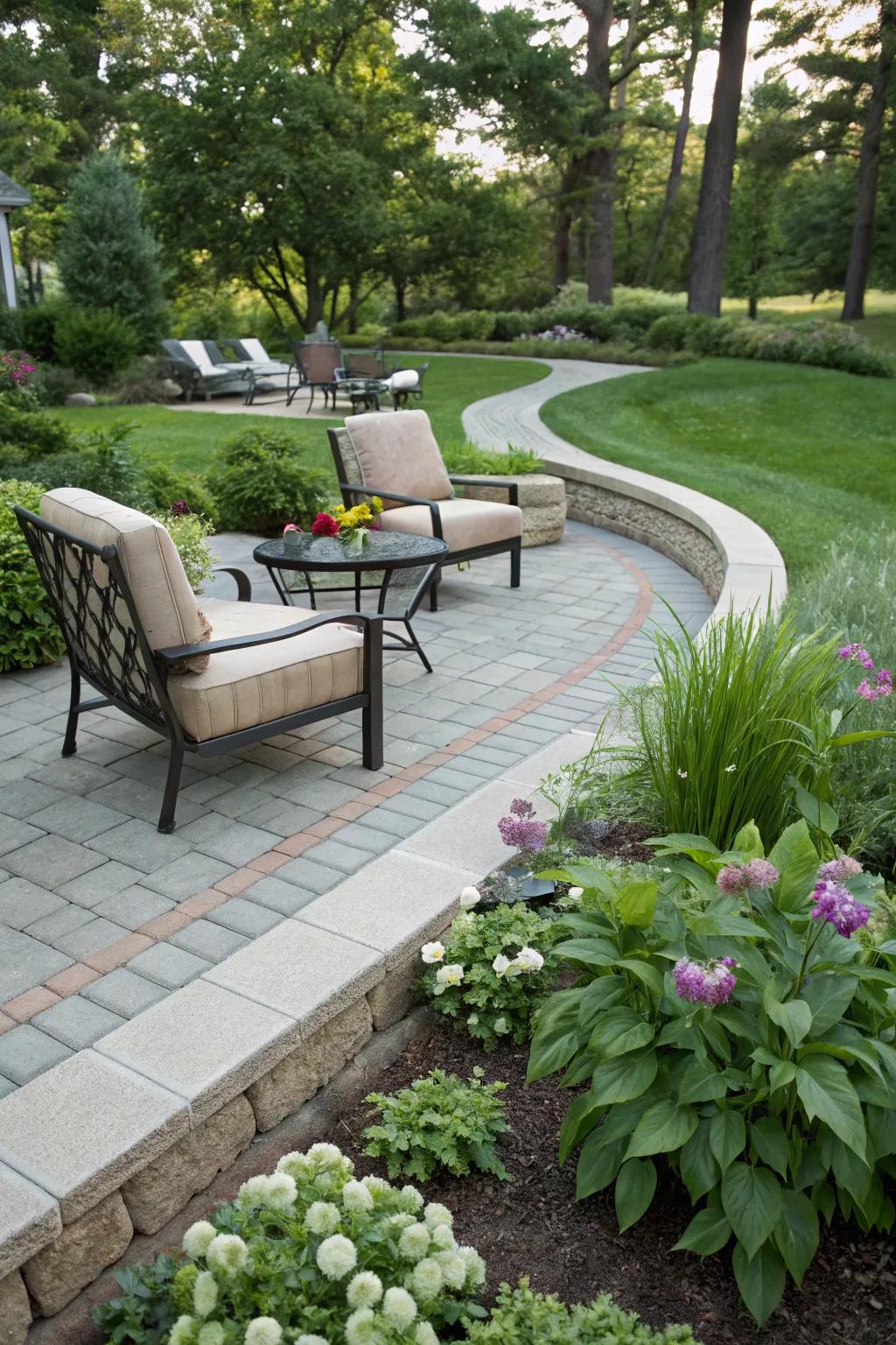 Inviting seating area bordered by paver edging.