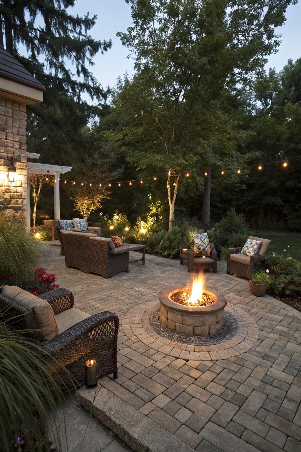 A fire pit creates a warm and inviting focal point with ambient lighting.