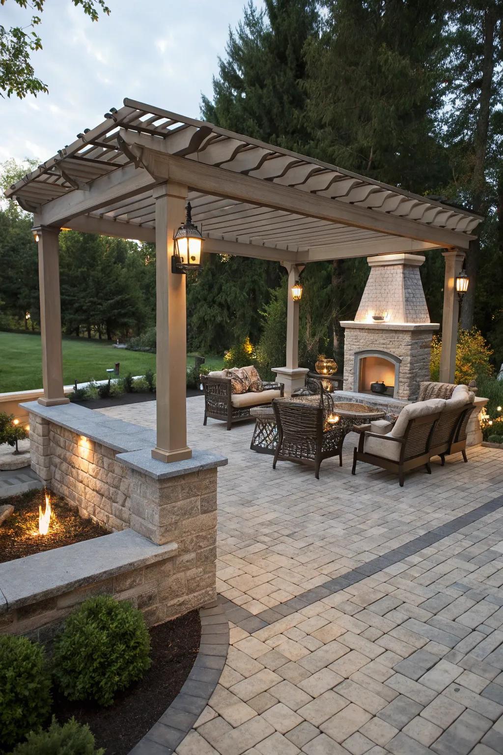 A cozy pergola and fireplace combo, perfect for relaxing afternoons.