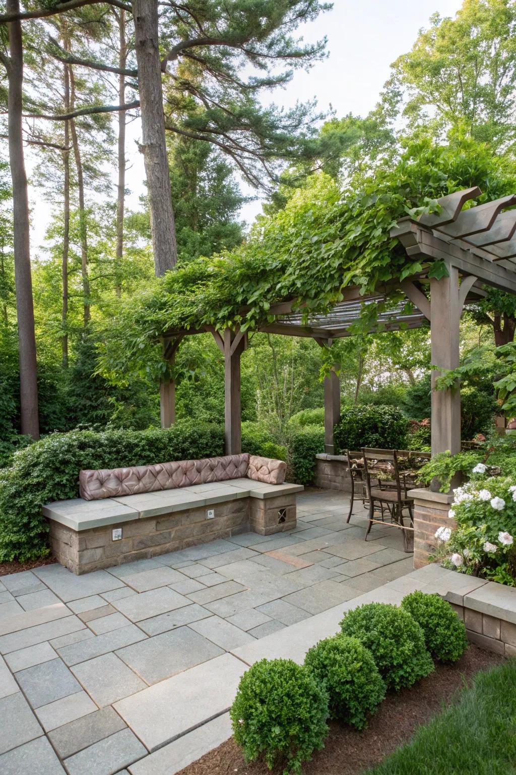 Built-in seating under a pergola maximizes space and comfort.
