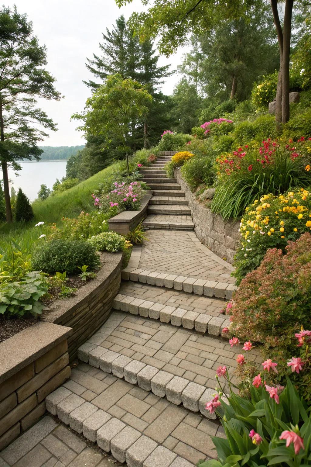 Steps artfully integrated into a paver retaining wall, forming a garden pathway.