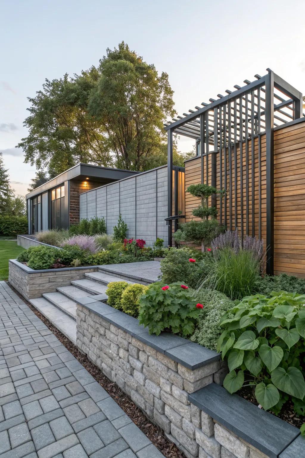 A modern garden featuring paver walls with metal and wood.