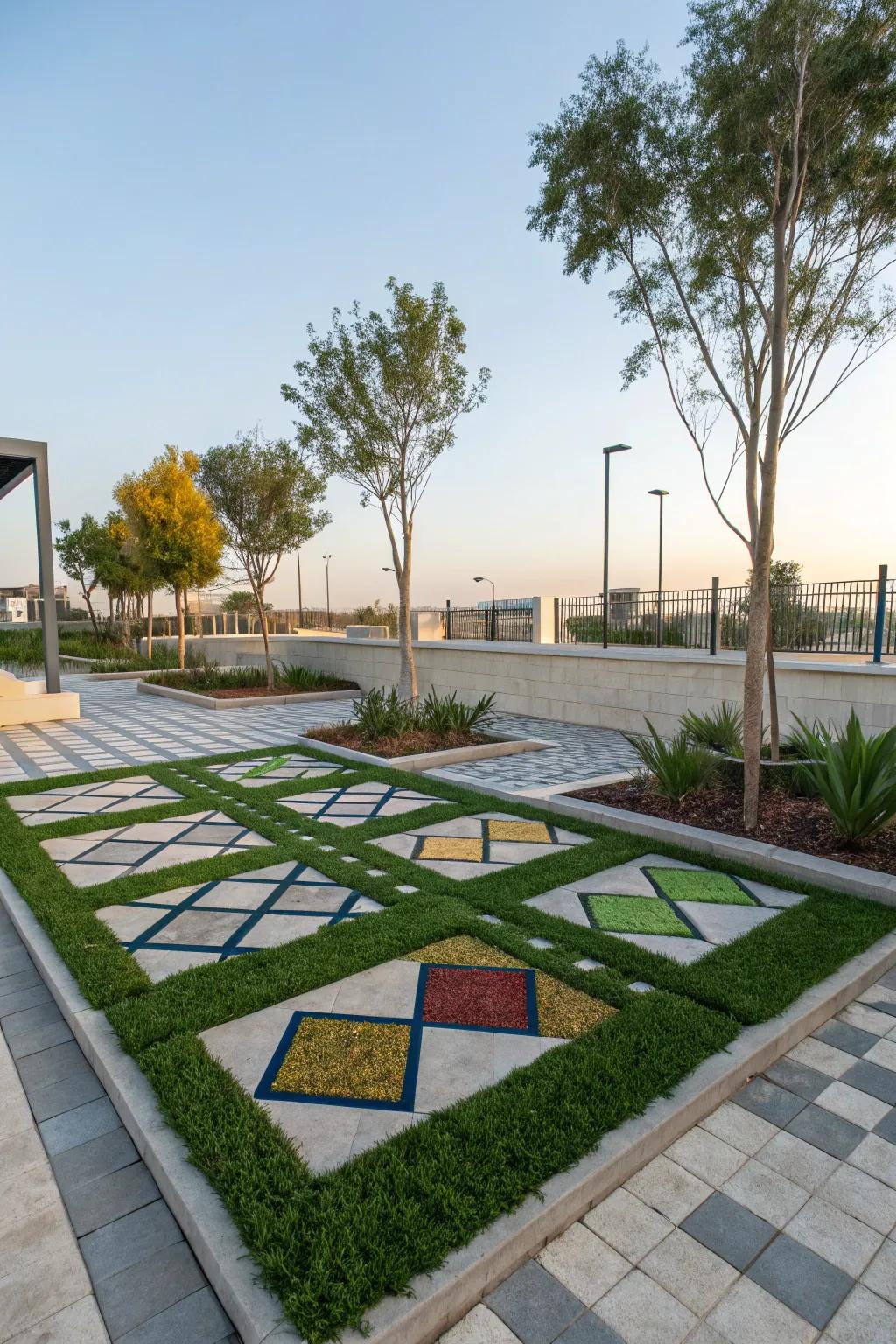 Geometric patterns with pavers and turf for a modern touch.