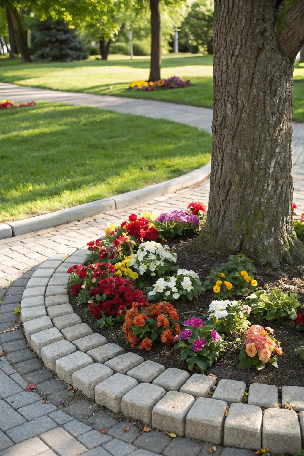 Colorful flowers blooming within a paver border encircling a tree.