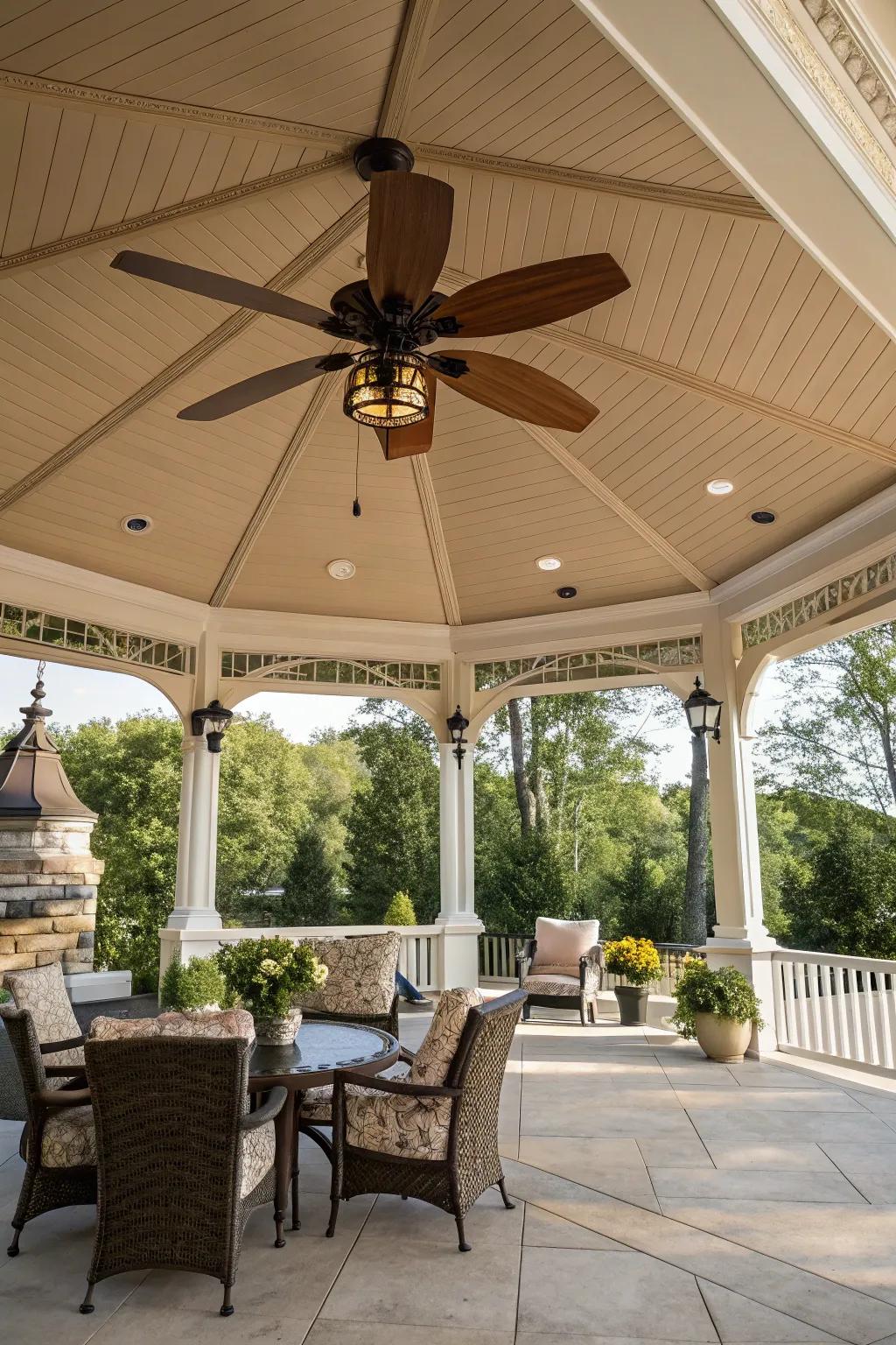 A pavilion ceiling featuring a fan for cool and comfortable gatherings.