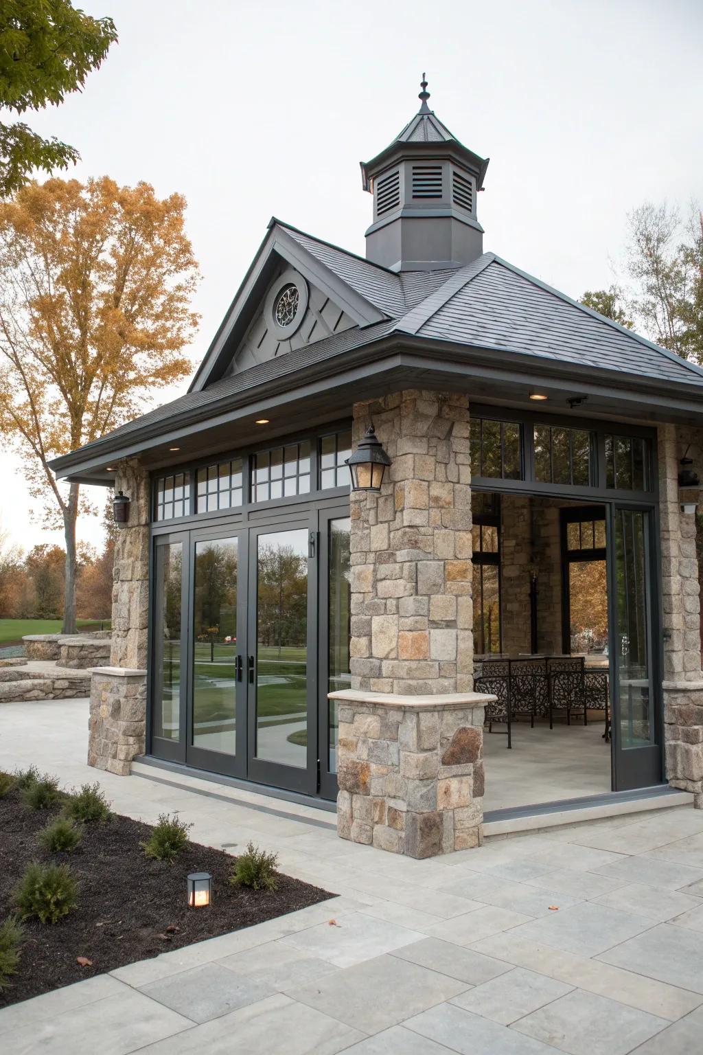 Elegant stone accent walls providing a timeless look to a pavilion.